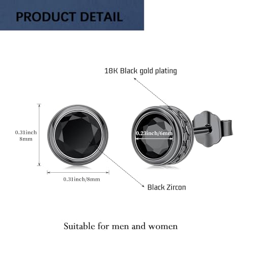 KQ&TTENG 18K Black Gold Plated Round Black Zircon Stud Earrings for Mens Womens Pierced Mens Earrings Jewelry Gift for Father's Day Gifts4