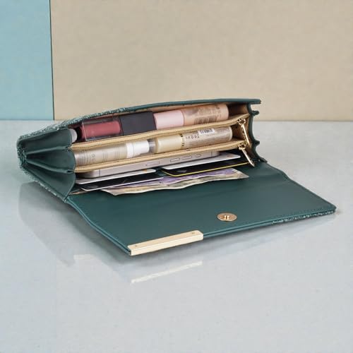 Image of Wallet for Women Girls Stylish Floral Faux Leather with Phone Space Coin Compartment Mobile Storage 4 Card Slots Holder Cash Zip Pockets Hand Clutch for Daily Use Ladies Long Purse (Green)