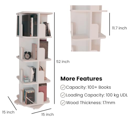 Image of COGO 4 Tier Revolving Bookshelf | 360 Smooth Revolve Mechanism | 52 x 15 x 15 inch | 100 Books Capacity | 17 mm Engineered Wood | Bookcase | Showcase | Do-It-Yourself | Colour: White