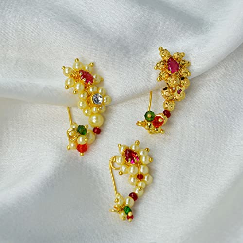Image of Medium Size Traditional Maharashtrian Banu Nath Nose ring without piercing Pearl Gold Plated Nath Combo Clip On Nose Ring For Women