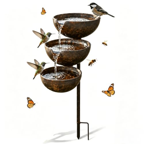 Three-Tier Rain Catcher Bird Bath Self-Filling Outdoor Bird Bath Metal Garden Rain Catcher Bird Water Bowl with Stand Butterfly Feeder and Bee Watering Station for Yard DecorFaux-Rust Finish