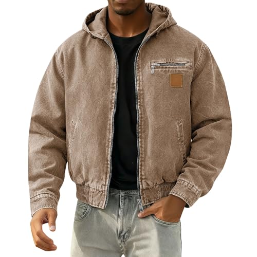 Men's Zip Up Denim Jacket Distressed Jean Hooded Jackets Casual Outdoor Long Sleeve Trucker Hoodie Fashion Motorcycle Cowboy Sport Coat with Multiple Pockets Hip Hop Streetwear