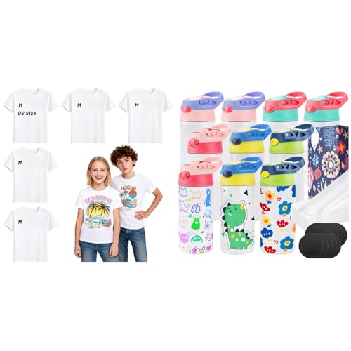 Joyclub Bundle of 5 Pack Youth Sublimation Blank T Shirts and 10 Pack Kids Sublimation Tumbler
