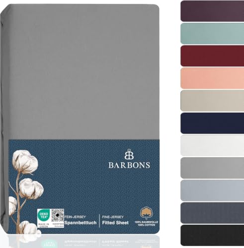 BARBONS Spannbettlaken 200x200cm - 100% Baumwolle Spannbetttuch Oeko-TEX Zertifiziert Bettlaken Jersey Bettwaren und Bettbezug für Boxspringbett und Dicke Matratzen bis 27 cm - Hellgrau 200 x 200