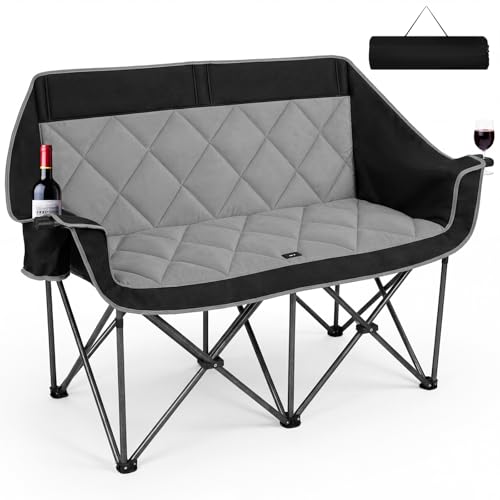 Romswi Double Camping Chair,2 Person Camping Chair Oversized Folding Loveseat,Heavy Duty Camping Couch & Outdoor Sofa with Cup Holders,Supports 750LBS