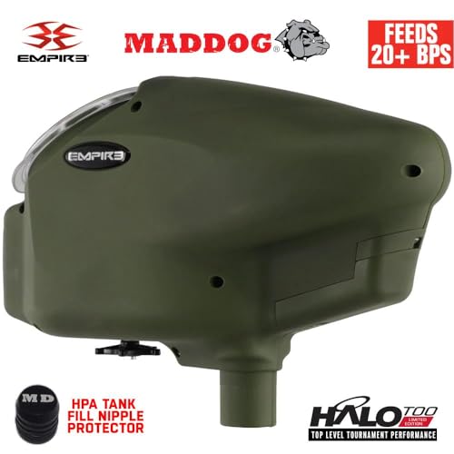 Maddog Empire Halo Too Automatic Electronic Paintball Loader Hopper with HPA Paintball Tank Fill Nipple Protector | Feeds 20+ BPS | Limited Edition Matte Olive | No Speed Feed
