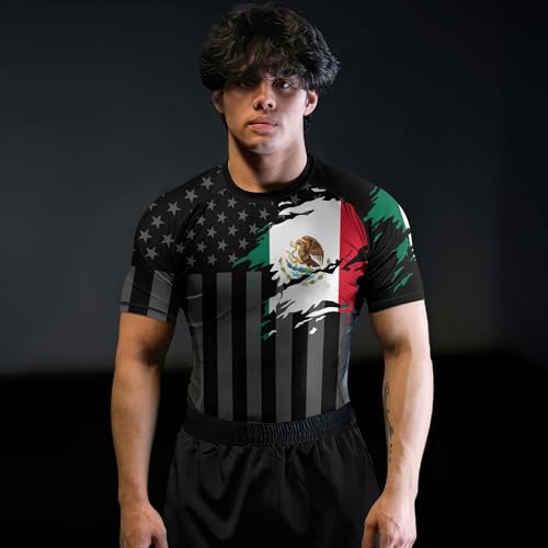 American Flag Skull Men's Rash Guard – Patriotic Short Sleeve BJJ Compression Shirt for Jiu-Jitsu & Grappling4