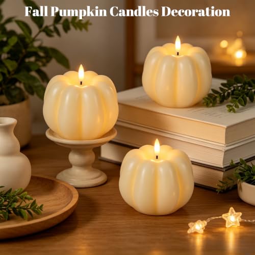 Image of Wondise Fall Decorations Real Wax Pumpkin Candles with Remote Timer | Off-white Battery Operated LED Candles Fall Decor for Thanksgiving Gifts, Autumn Farmhouse Harvest Decor for Home Decoration