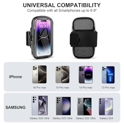 Phone Holder for Running, Armband for iPhone 16 15 14 13 Pro Max 12 11 Plus X Samsung Android Up to 6.9'', Universal Arm Bands Bag with Key Card Pocket for Exercise Walking Workout Fitness