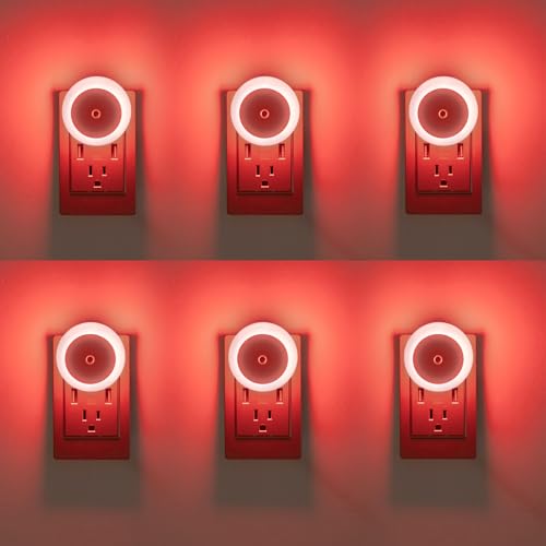 Image of KINUR 6 Pack Red LED Plug into Wall with Dusk to Dawn sensors Plug in Night Lights for Kids Room, Bedroom, Bathroom, Stair Lights, Hallway Light