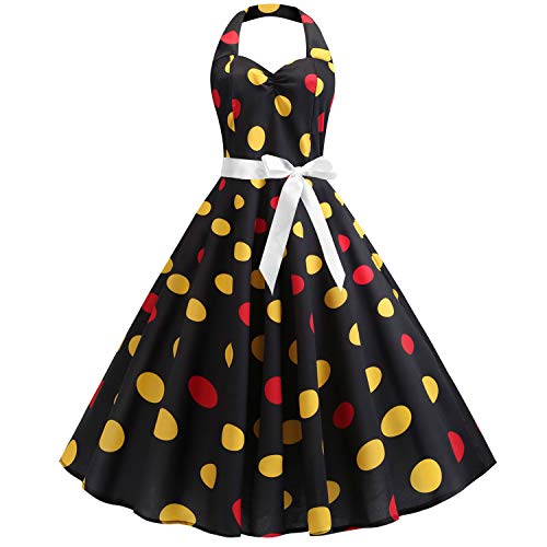 KILLREAL Women's Vintage 1950s Stlye Rockabilly Sleeveless Halter Knee Length Polka Dots Printed Cocktail Party Swing Dress Black Small
