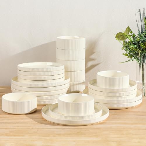 Image of TheTerra Ceramic Dinnerware Sets for 8, 24 Pieces Porcelain Lightweight Plates and Bowls Sets, Scratch Resistant Dish Set, Oven & Microwave & Dishwasher Safe, Beige