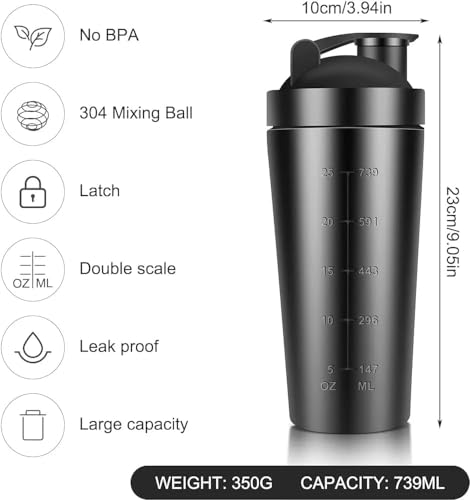 Image of Proteins Power Stainless Steel Protein Shaker, 790 ml, Black, BPA Free, with Measurement Markings and Mixing Spring