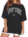Oversized Tshirts for Women Summer Short Sleeve Round Neck Graphic Tee Shirt, Black New York, 3XL