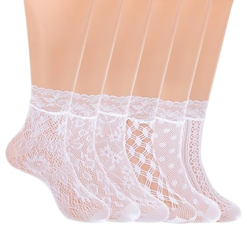 6 Pairs White/Black Lace Socks, Elegent Mesh Fishnet Ankle Socks Sexy Hollow Mesh Lace Sock for Women Girls - Main Image