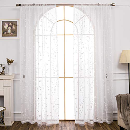 Amhoo 2 Panels Leaf Flora Embroidered Farmhouse Semi Sheer Curtain Voile Curtains For Living Room Bedroom Window Treatment White 53 X 63 Inch #TOP1