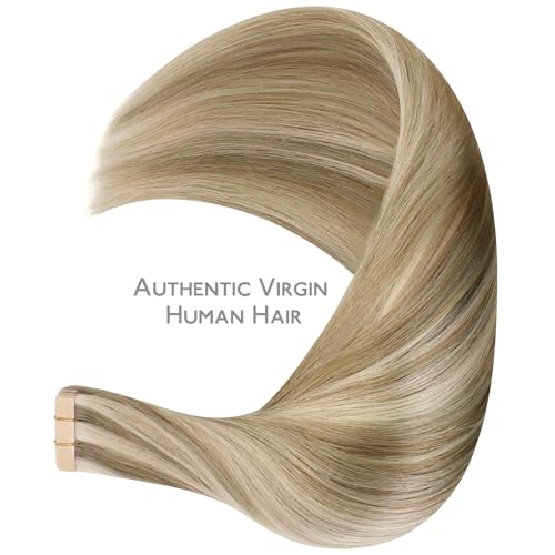 Image of WENNALIFE Tape in Hair Extensions Human Hair Ash Brown with Platinum Blonde Highlights Tape in Extensions, 10pcs 20g 12 inch Remy Invisible Tape Ins Straight Colored Soft Refill Set