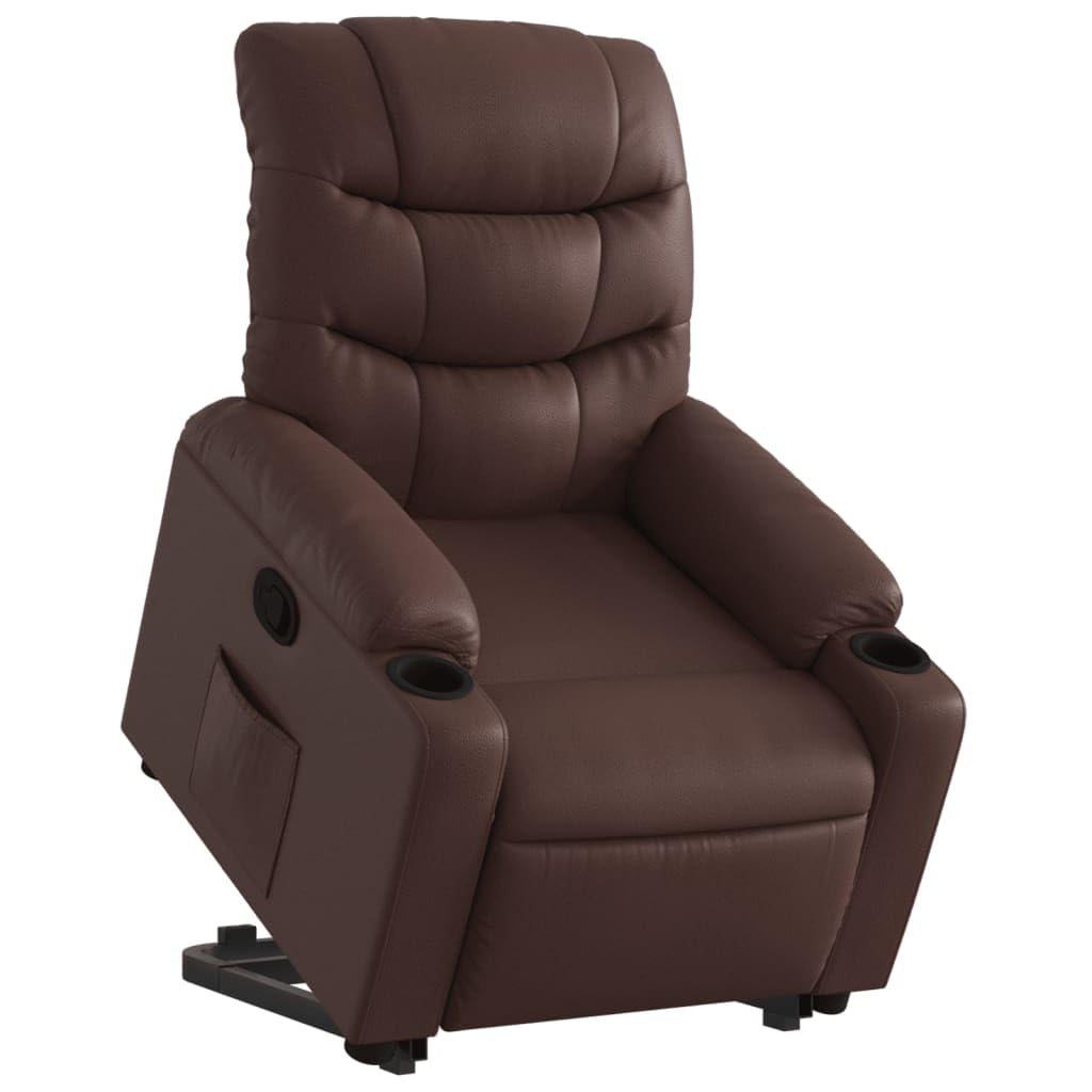 Sillón elevador reclinable marrón de piel sintética con función de elevación eléctrica y reclinación manual hasta 135 grados, cómodo y estable para personas mayores, marco