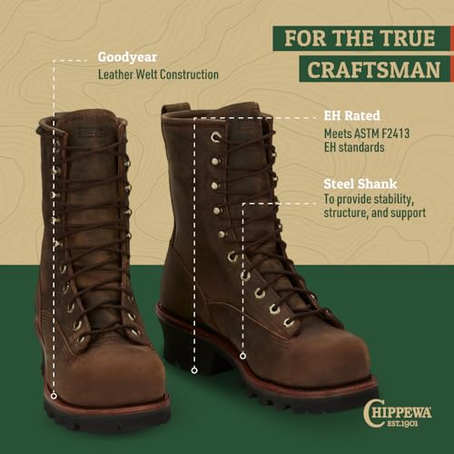 Image of Chippewa 8 Inch Waterproof Steel Toe Logger Boots for Men - Durable Full-Grain Leather Mens Shoes - Slip-Resistant Lace Up Work Boots for Men - Orthotic Comfort Insole for All-Day Support