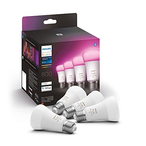 Philips Hue - Bombilla LED Inteligente, A60 E27, Luz Blanca y de Colores, 6.5W (Eq. 60W), 806 lúmens, Compatible con Alexa y Google Home - Pack de 4 Bombillas LED Inteligentes