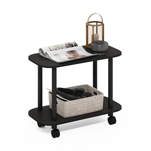 Image of Furinno Turn-N-Tube Side Table, 2-Tier Oval Sofa End Table with Wheels, Toolless Assembly Night Stand, Bedside Table with Open Shelf, for Living Room, Bedroom, Dark Espresso