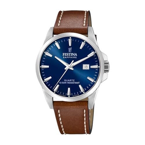 Festina Swiss Made Montre Homme Analogique Cuir Marron - Quartz Date - Verre Saphir Résistant - Étanche 10 ATM Élégante - F20025/3 Classic Leather