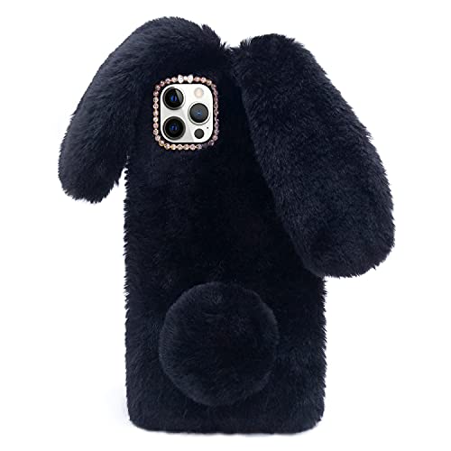 Coque iPhone 15 Pro Max douce anti-glissement coque peluche noire lapin