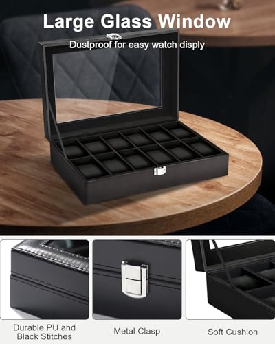 Image of Uten Watch Boxes 12 Slots, Watch Box for Men, Watch Display Case, Watch Storage Box with Removable Cushion, Metal Clasp, PU Leather, Black