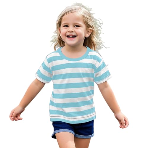 Boys Girls Striped Shirts Cotton Rainbow Shirt Toddler Kids Short Sleeve Crew Neck Summer Trendy (Light Blue, 7-8 Years)