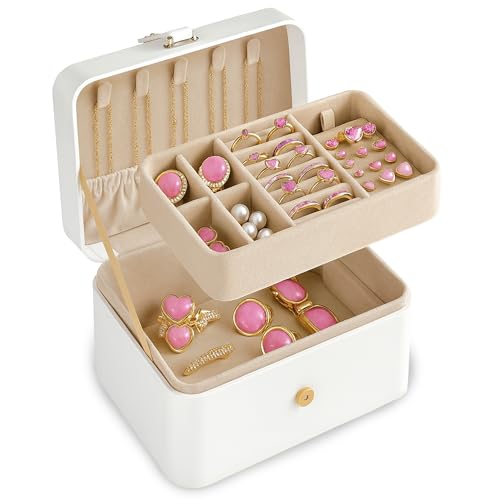 PECZEKO Joyero, joyero pequeño, almacenamiento de joyas de dos niveles, organizador de pendientes, joyero de viaje 16 x 11 x 8 cm - blanco