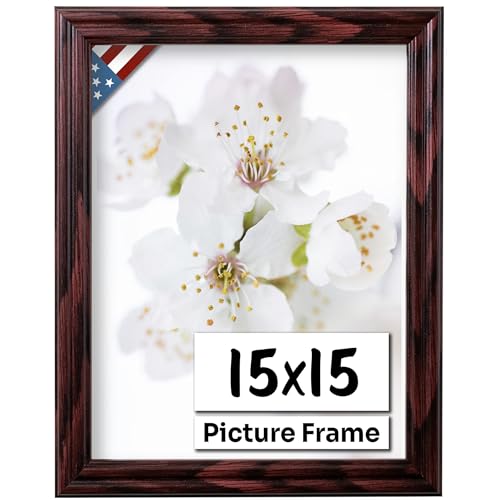 Cherry 15x15 Picture Frame .75" Inch Wide - Cherry Wall Decor Handmade Solid Wood Frames with Preinstalled Hangers and UV Blocking Plexiglass 15x15 Frame