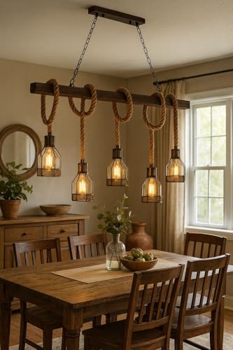 TEKHOME Lampadario Industriale a Sospensione 5 Luci E27, Stile Vintage Rustico con Corda di Canapa e Legno, Lampada a Soffitto per Cucina Sala da Pranzo Bar Ristorante – A91-5