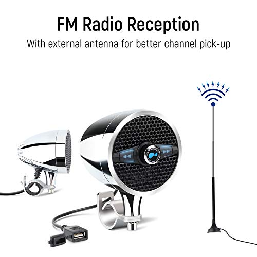 LEXIN LX-S3 Motorcycle Bluetooth Speakers with FM Radio Antenna, Waterproof Motorcycle Stereo Radio Systems fit 0.87 to 1.25 inch Handlebar, 3 inch Chrome Audio Amplifer System