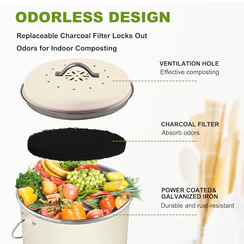 Image of Kitchen Countertop Compost Bin, Odor Resistant Indoor Compost Bin with Lid and Charcoal Filter, Rust Resistant Coated Compost Bucket, Compost Container, Cream