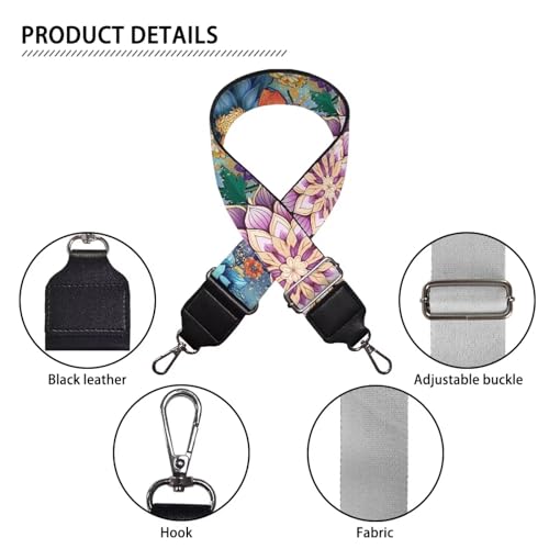 Image of Colorful Flower Wide Bag Straps Replacement Crossbody Bohemia Guitar Straps for Handbags /Purses /Messenger /Duffel Bags Backpack Straps Replacement Adjustable Length from 30 inch to 50.3 inch