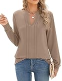 Zeagoo Women's Basic Tops Fall Boho Long Sleeve Dressy Blouses Henley V Neck Tunic Pleated Business Casual Shirts Plus Flowy Solid Formal Cute Tops Ropa para Mujer Apricot