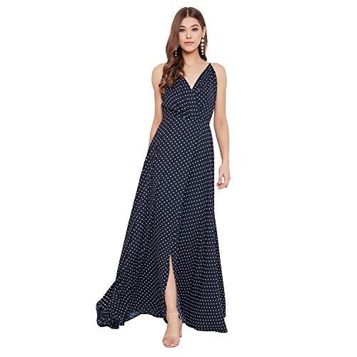 Image of Berrylush Navy Blue Polka Dot Print V Neck Maxi Dress Navy Blue Small