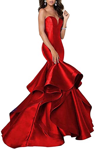 Womens Mermaid Prom Dress Sweetheart Long Satin Evening Gown with Ruffles