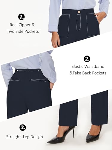 Tapata Women's 32" Linen Dress Pants Straight Leg Long Work Pants with Pockets for Office Business Casual Navy Blue, XS4
