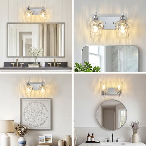Image of Bathroom Light Fixtures Farmhouse Chrome Vanity Lights for Bathroom Lighting Fixtures Over Mirror with Hammered Glass Lampshade for Cabinet Mirror Bedroom Hallway 2 Light
