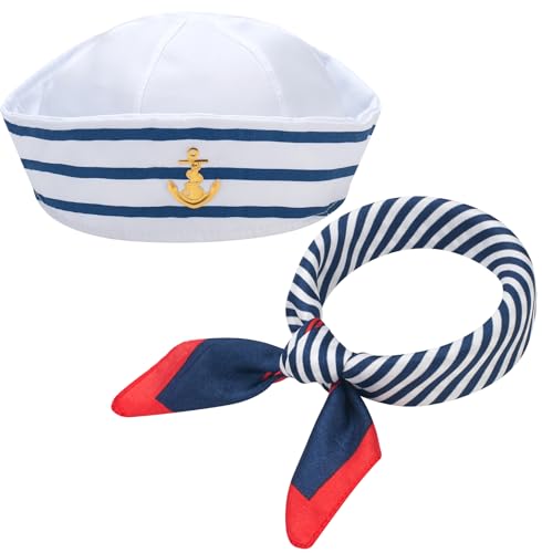 ERDOGLY Sailor Hat for Women Men, White Sailor Costume Accessories with Nautical Outfits Sailor Scarf Set, 2Pcs Yacht Captain Hat, Navy Cap for Captains Dressing up Party, (Blue, White)