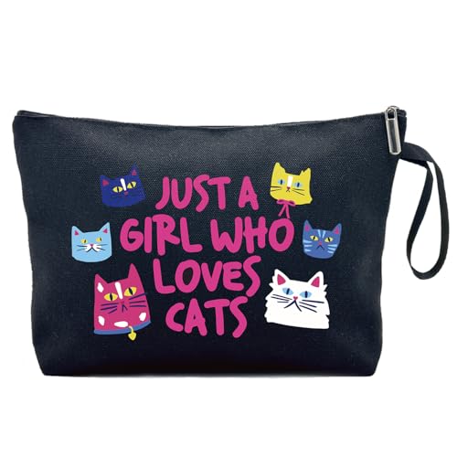 Just A Girl Who Love Cats Funny Cat Cosmetic Bag, Canvas Toiletry Storage Pouch Travel Zipper Makeup Bag, Gifts for Cat Lover, Mom Daughters Friends Sister Teen Girl Women Teens Girls Coworkers BBF