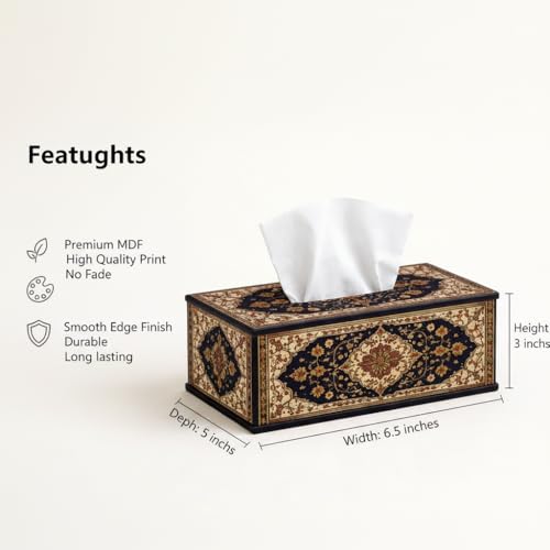 Image of Dark Blue Classic Persian Floral Tissue Box Holder Wooden Decorative Tissue Box Cover for Home & Office 6.5x5x3 Inch