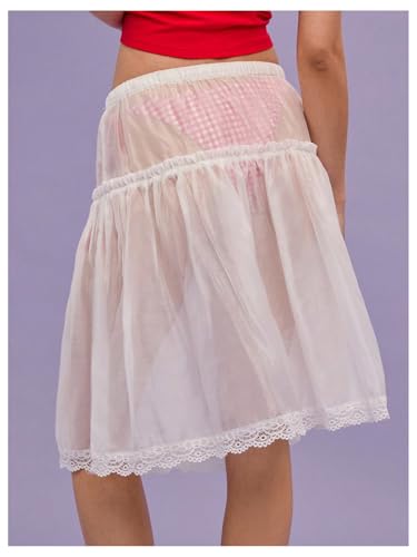MakeMeChic Women's Pleated Mini Skirt Boho Lace Sheer Mid Waisted Ruffles Tie Drawstring Summer Beach Y2k Skirts2