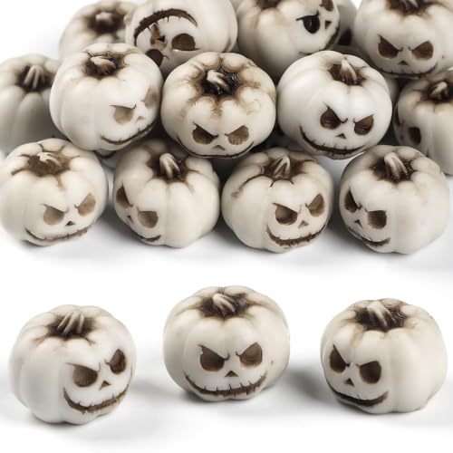 Image of Uniclife 20 Pcs Halloween Mini Pumpkin Decorations, Halloween Fish Tank Decor, Spooky Smiling Face Mini Pumpkins, Jack-O'-Lantern Miniature Vase Fillers, White Resin Artificial Figurines