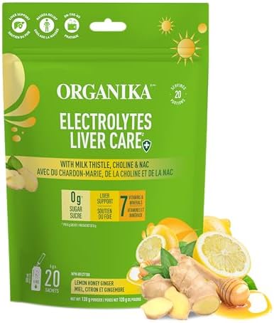 Organika Canadian-Made Electrolytes Liver Care with Milk Thistle, Choline, and NAC - Lemon Honey Ginger Flavour - Liver Support + Protection, Electrolyte Balance, Immune Support, Sugar-Free 6g x 20ct