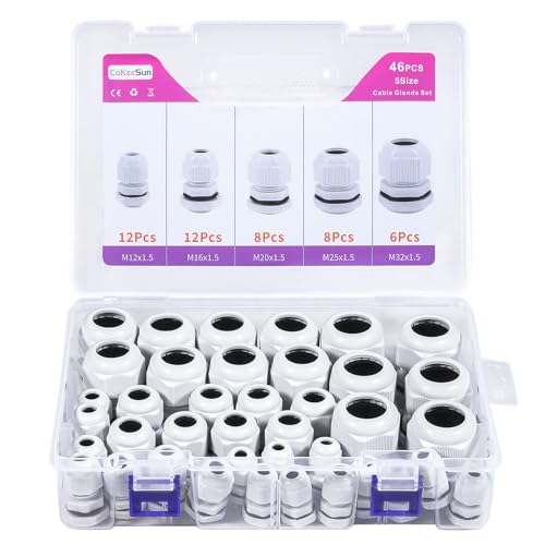 CoKeeSun 46 Stück Kabelverschraubung Set IP68 Kabeldurchführung Wasserdicht M12 M16 M20 M25 M32 Verstellbare Nylon Kabelanschlüsse Kabelverschraubungen für Outdoor Garten Schaltkasten Abzweigkasten