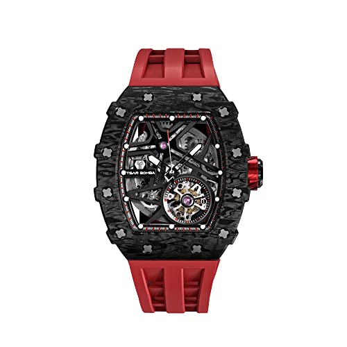 Image of Tsar Bomba Men's Tonneau Luxury Automatic Watch - Skeleton Dial, Carbon Fiber Bezel, Red Silicone Strap, 50M Water Resistant, Watch for Men - TB8209CF-32