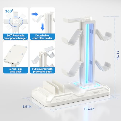 KDD Soporte Auriculares Gaming con Puertos de Carga USB Tipo C - LED Soporte Cascos y Mando Universal con Ranuras para Teléfono & 9 Modos de Luz para Juegos Accesorios Gaming PC Escritorio, Blanco - imagen 5