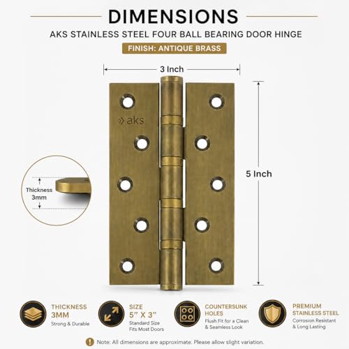 Image of AKS Stainless Steel Four Ball Bearing Hinges for Main Door, Office, Home & Bathroom Doors 5 Inch Length 3 Inch Width 3mm Thickness Hinges | 5 Years Warranty (Pack of 10, Antique Brass)